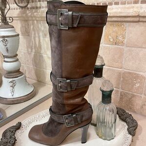 Coach Two-Tone Brown Heeled Boots with Buckles